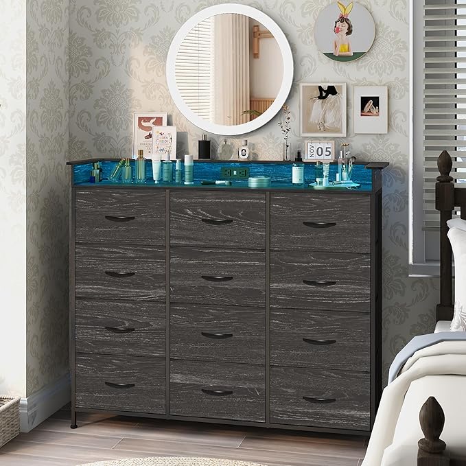 Welfuturer Black Dresser with LED Light 12 Drawers Dresser with Charging Station Dressers for Bedroom with 12 Fabric Drawers for Bedroom Hallway Entryway Closets Sturdy Steel Frame Wood Top Black
