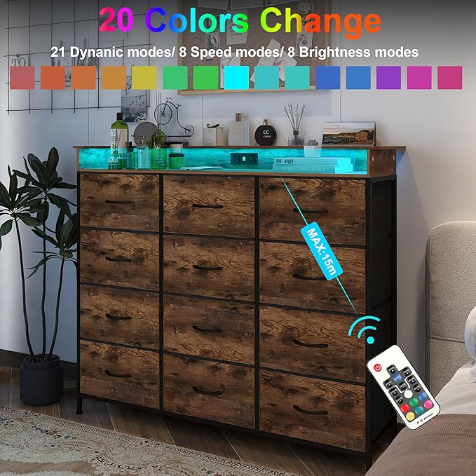 Welfuturer Dresser for Bedroom with 12 Drawers Clothes Dresser with Charging Station and LED Light Fabric Storage Tower for Living Room Hallway Closet Sturdy Steel Frame Wooden Top Rustic Brown