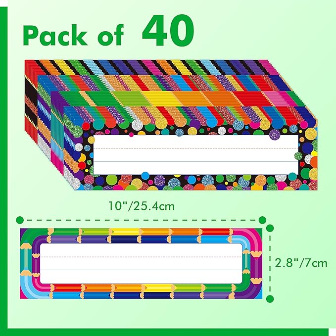 40PCS Desk Nameplates, 4 Designs Double Sided PET Film Desk Name Tags Erasable & Reusable Traditional Manuscript Name Plate Colorful Decoration for Student School Classroom Organization (10” x 2.8”)