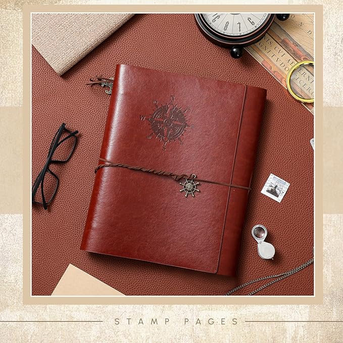 Lewtemi Stamp Collecting Albums Set Stamp Collection Book Include 20 Pages Album Binder Tweezer and Loop Magnifier Collecting Supplies for Collectors (Brown Pirate,1/2/3/4 Rows)