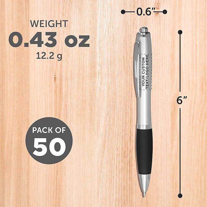 DISCOUNT PROMOS Personalized Ballpoint Pens With Rubber Grip, 50 pack Customizable Ergonomic Click-to-Write Custom Writing Pens for School with Black Ink, Black