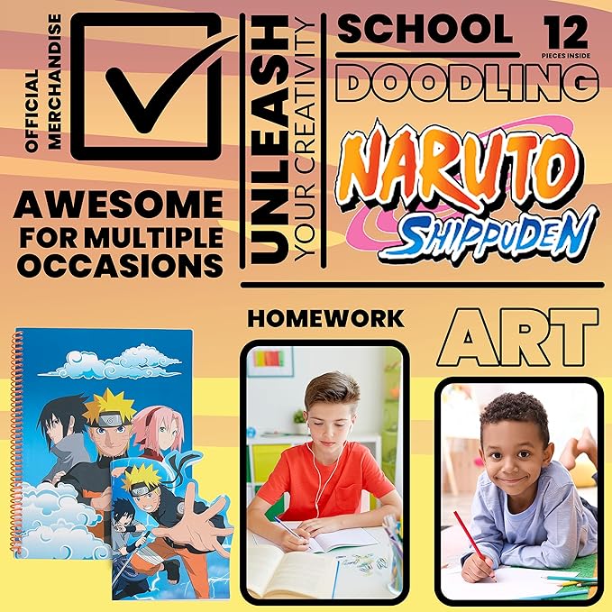 Naruto Stationery Set with Colouring Pencils Tin Pencil Case Childrens Notebooks Bumper Stationery Pack Anime Stationery Set School Supplies Anime Gifts for Boys