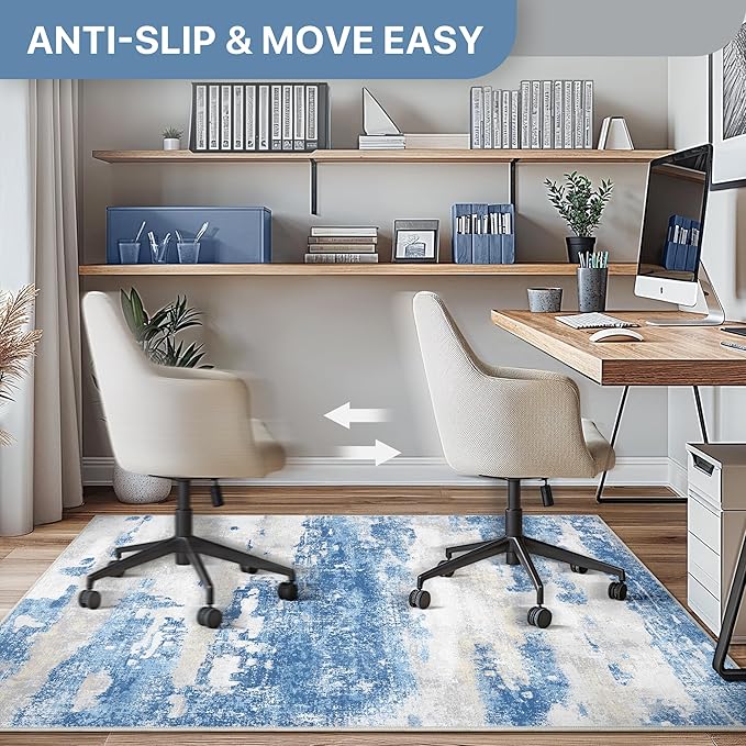 Office Chair Mat for Hardwood Tile Floor, Abstract 36"X 48" Desk Mats for Office Chair on Rolling Chairs Carpet, Desk Anti-Slip 1/5" Thick Rug for Computer Chair, Thin Low-Pile Floor Mat, Blue Cream