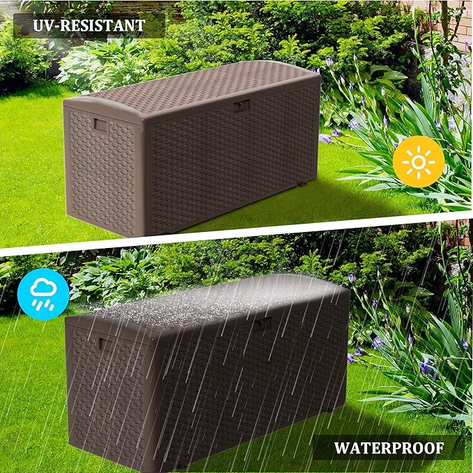 PATIOEASY 180GAL Deck Box -Grey,Wheeled Footlocker,Waterproof Resin Storage Bin for Patio Cushions