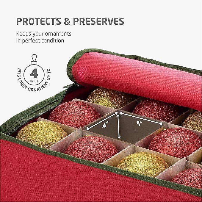 ZOBER Underbed Christmas Ornament Storage Box - Stores 72 Large 4" Ornaments, With Dividers - Tear Proof 600D Oxford Fabric, Ornament Organizer Storage Box, Durable Christmas Containers Holder - Red