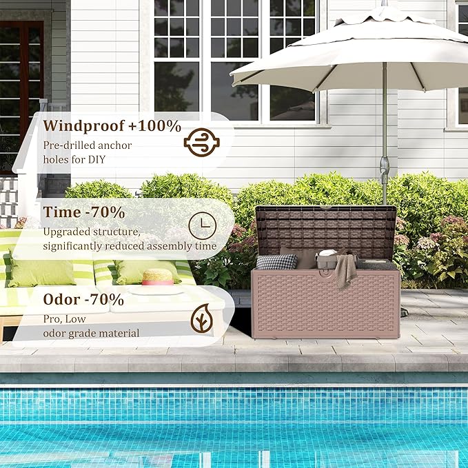 Yardgrace 80 Gallon Pro Resin Deck Box, Waterproof Outdoor Storage Bin for Patio, Poolside, and Garden, Lockable & UV-Resistant,Brown