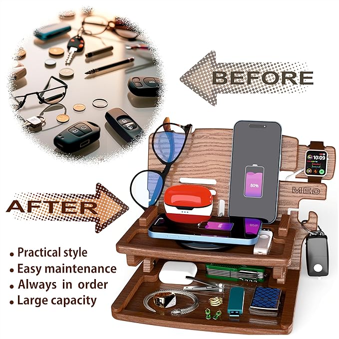 MED Wood Phone Docking Station – Nightstand Desk Organizer for Phone, Watch, Wallet & Tablet – Gift for Men, Husband, Dad & Women – Wooden Charging Stand, (Dark Walnut, Model 2)