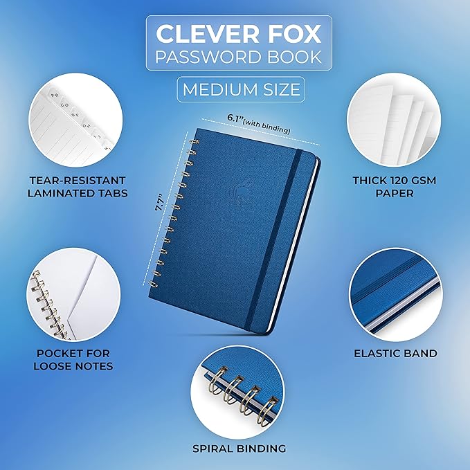 Clever Fox Password Book Spiral – Internet Address & Password Organizer with Laminated Alphabetical Tabs – Password Keeper Journal – Hardcover, Medium Size, 6.1x7.7” (Mystic Blue)
