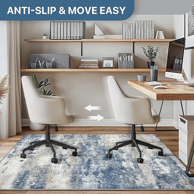 Office Chair Mat for Hardwood Tile Floor, Abstract 48"X 60" Desk Mats for Office Chair on Rolling Chairs Carpet, Desk Anti-Slip 1/5" Thick Rug for Computer Chair, Thin Low-Pile Floor Mat, Navy Beige