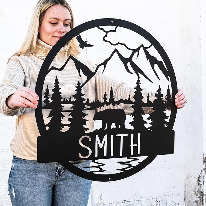 Wilderness Bear Cabin Name Sign | Mountain & Rustic Metal Bear | Personalized Outdoor Sign | Door Decor