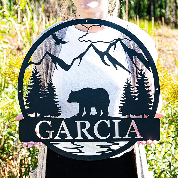 Wilderness Bear Cabin Name Sign | Mountain & Rustic Metal Bear | Personalized Outdoor Sign | Door Decor