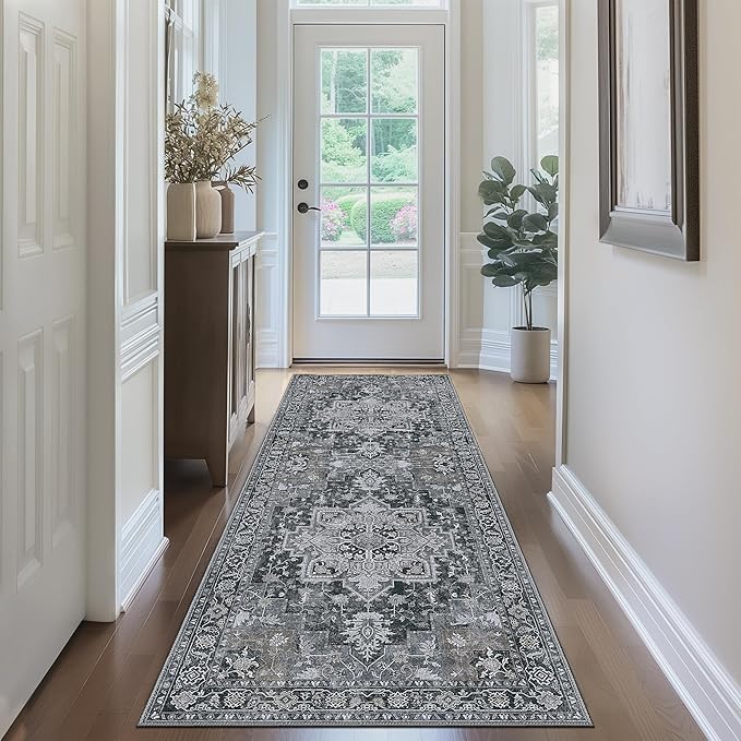 GENIMO 2x5 Runner Rugs for Hallway, Machine Washable Non Slip Vintage Rugs, Low Pile Lightweight Soft Print Rug for enrtyway, Corridor, Home Office, Kitchen,Dark Gray