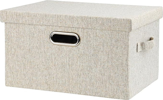 Graciadeco Medium 15" 21 Quart Collapsible Stackable Storage Bins with Lids, 1 Pack Beige Foldable Fabric Closet Storage Boxes with Lids, Heavy-duty Linen Baskets for Bedroom