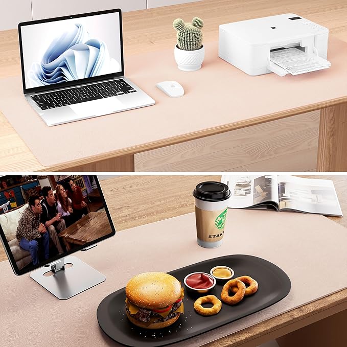 Aothia Double-Sided Desk Pad – 25.6"x13.7" Large Mouse Pad, Leather Desk Mat with Eco Cork Protector, Waterproof Desk Blotter for Office/Home (Pink)
