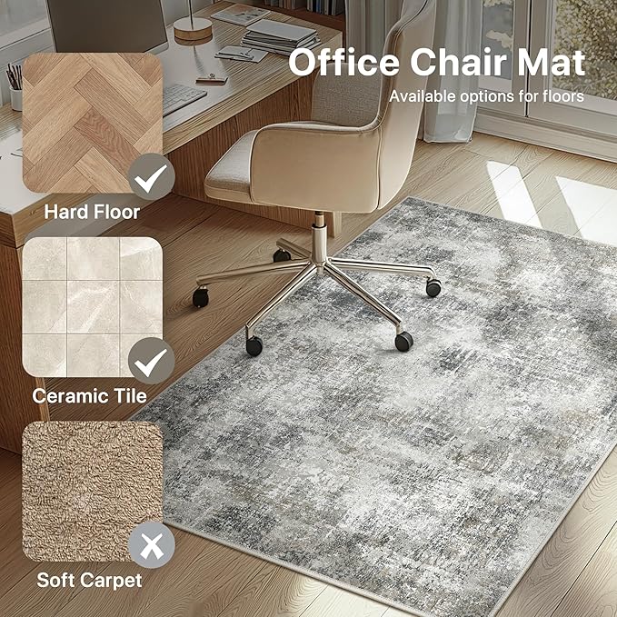 Office Chair Mat for Hardwood Tile Floor, Abstract 36"X 48" Desk Mats for Office Chair on Rolling Chairs Carpet, Desk Anti-Slip 1/5" Thick Rug for Computer Chair, Thin Low-Pile Floor Mat, Slate