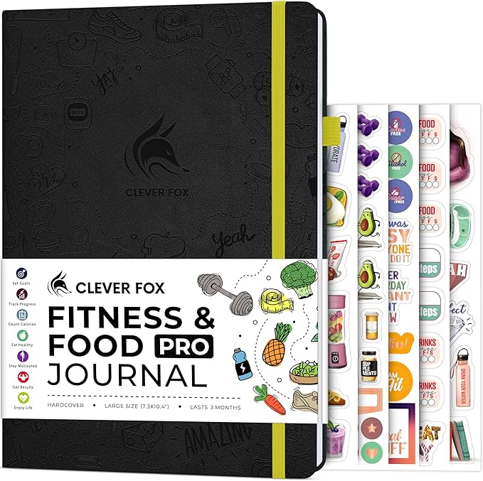 Clever Fox Fitness & Food Journal PRO – Daily Workout & Meal Planner for Women & Men – Exercise & Weight Loss Diary Notebook, 7.3x10.4” (Black)