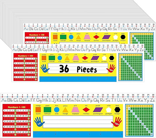 36 PCS Desk Nameplates, Double Sided PET Film Desk Name Tags with Alphabet, Numbers, Multiplication Chart, Shapes, Colors and Ruler Erasable & Reusable Traditional Manuscript Name Plate (14” x 4”)