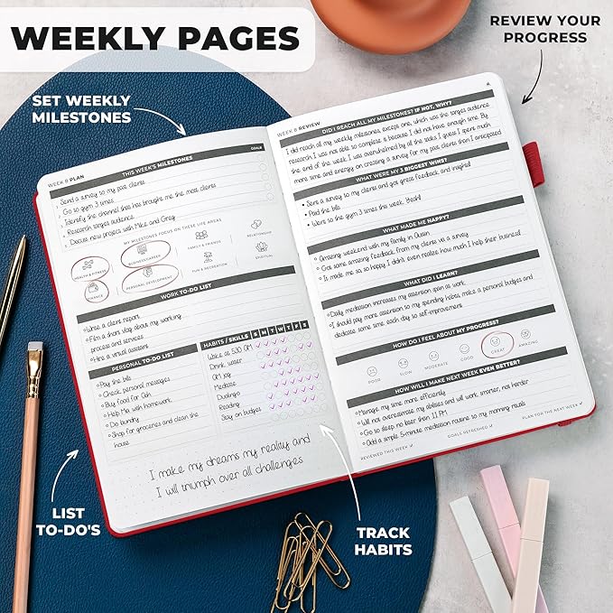 Clever Fox Ultimate Achiever’s Goal Planner - Focus & Productivity 90 Day Journal. Undated Daily Weekly Monthly Planner Organizer & Hourly Schedule Notebook - Hardcover, A5 Size, Ruby Red