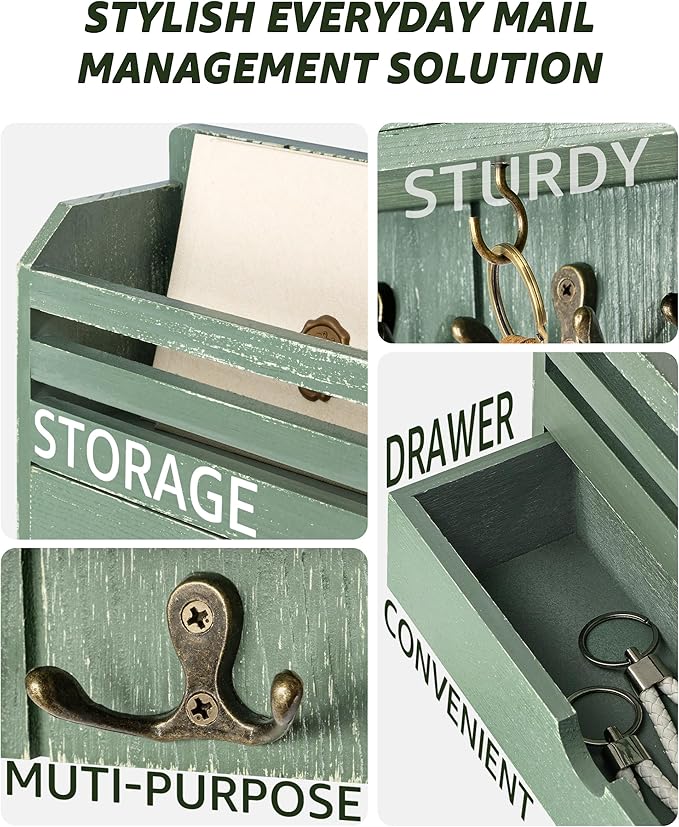 Rebee Vision Pine Wood Mail and Key Organizer for Wall – Farmhouse Mail Organizer Wall Mounted with 7 Sturdy Hooks & Drawer Storage – Apartment Essentials for Stylish Home Decor (Green)
