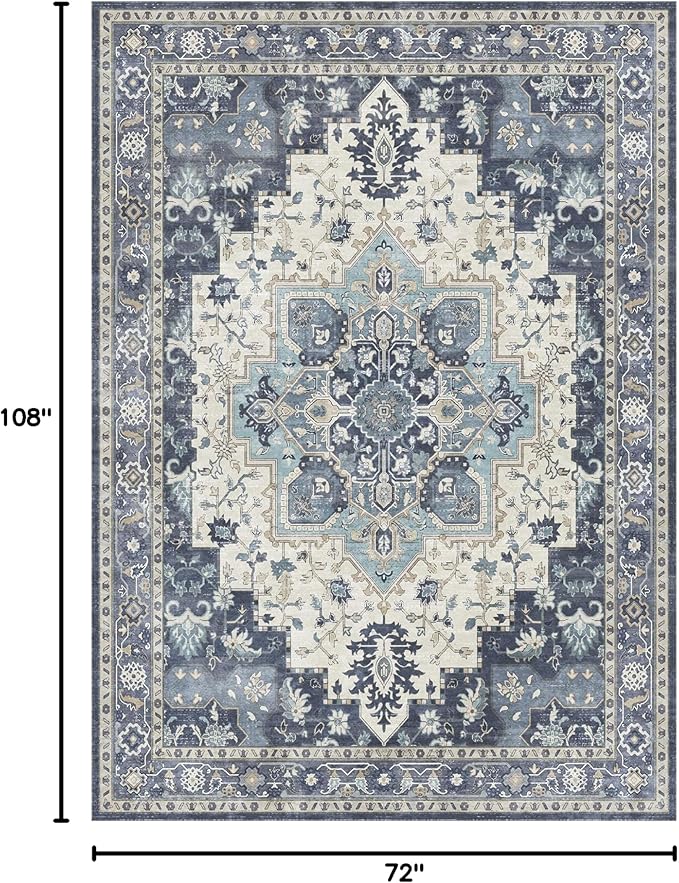 GENIMO 6x9 Area Rugs for Living Room, Machine Washable Non Slip Vintage Rugs, Low Pile Lightweight Chenille Print Rug for Bedroom, Dining Room, Home Office, Center Blue