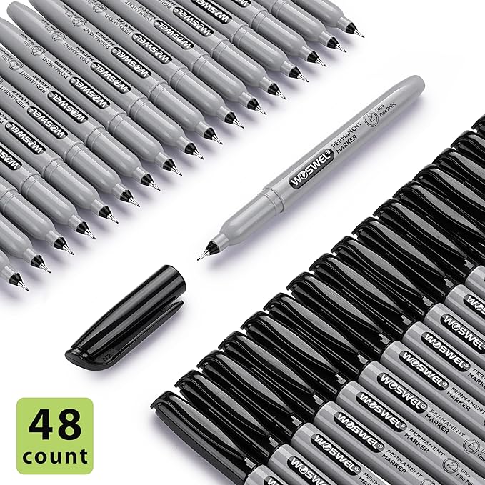 WOSWEL Permanent Markers Bulk, Ultra Fine Point, 48 Pack Black Permanent Marker set, Felt Tip Pens Works on Plastic, Wood, Stone, Metal and Glass for Doodling, Marking
