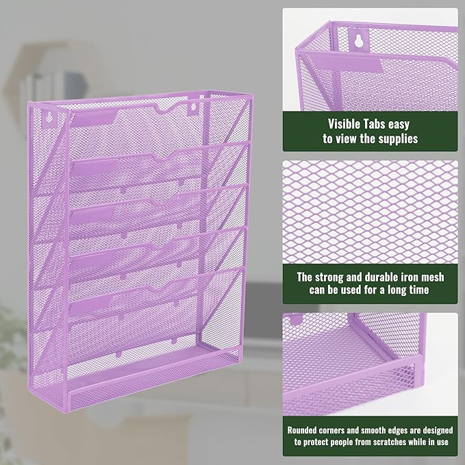 EASEPRES 6 Tier Mesh Hanging Wall File Organizer, Desk Vertical Mail Paper Document Folder Holder Rack with Bottom Tray and Nametag Label for Office Home School, Light Purple