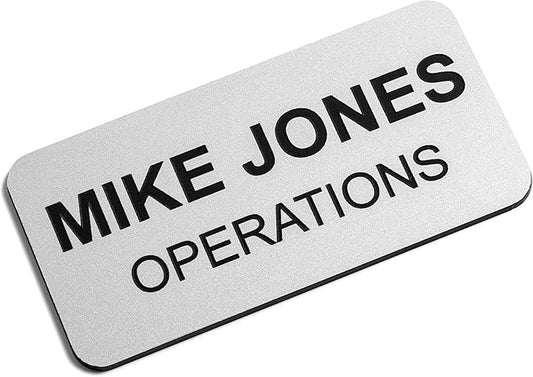 Custom Engraved Name Tag Badges – Personalized Identification with Pin or Magnetic Backing, 1.5 Inches x 3 Inches, Silver/Black