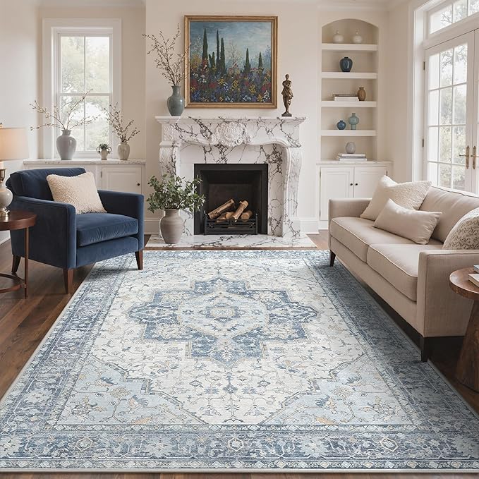 GENIMO 6x9 Area Rugs for Living Room, Machine Washable Non Slip Vintage Rugs, Low Pile Lightweight Chenille Print Rug for Bedroom, Dining Room, Home Office, Light Blue