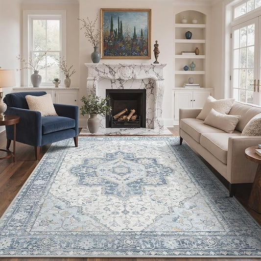 GENIMO 8x10 Area Rugs for Living Room, Machine Washable Non Slip Vintage Rugs, Low Pile Lightweight Chenille Print Rug for Bedroom, Dining Room, Home Office, Light Blue