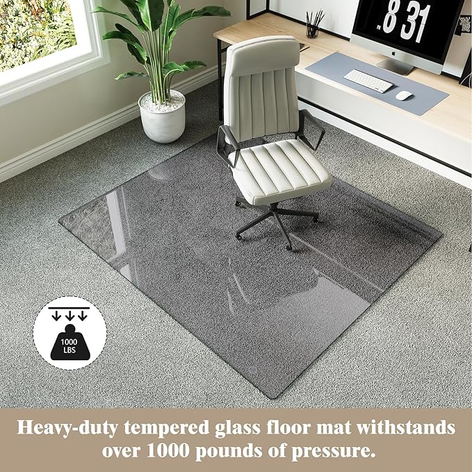 Koonmi Tempered Glass Chair Mat for Hardwood Floors & Carpets, 42" x 48“ Grey Heavy Duty Office Floor Protector, Scratch & Dust Concealing, Noise-Free for Home Office Desk