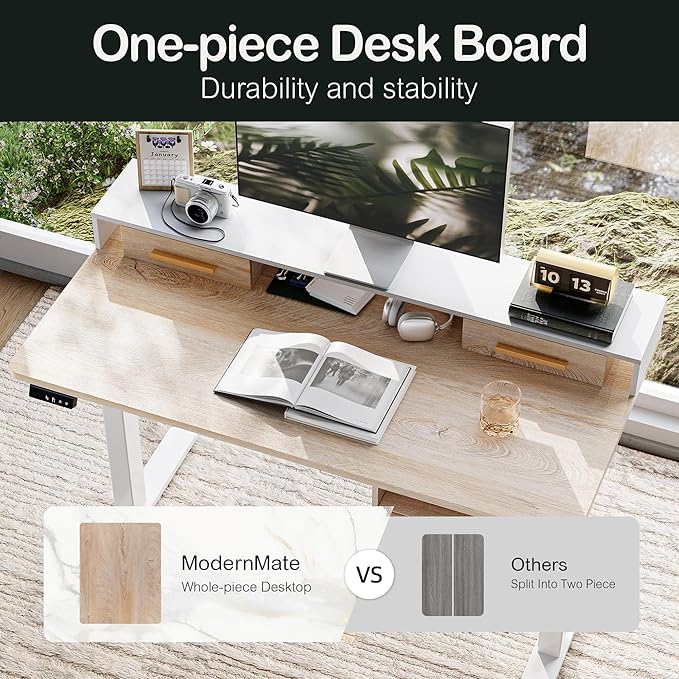 ModernMate Standing Desk with 4 Drawers, 47.2 x 23.6 Inch Whole Piece Height Adjustable Electric Sit Stand Desk, Computer Home Office Workstation with Open Storage Shelf, Light Walnut