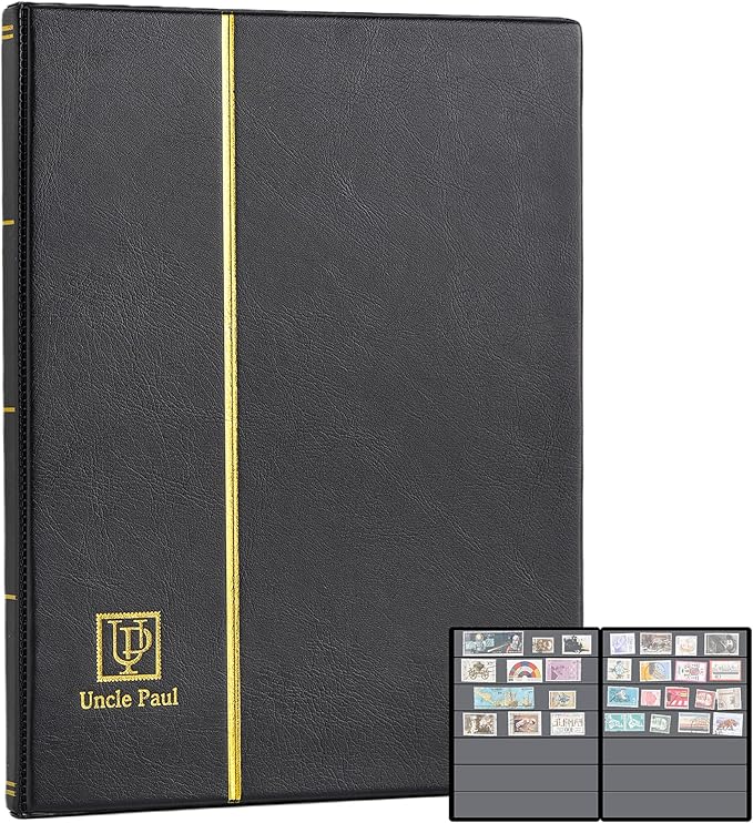 Stamp Albums 140 Pockets - Stockbooks with 35x197mm Sleeves, 10 Double Sided Black Page with Leatherette Padded Black Cover, Collection Storage Folder for Paper Money Postage Stamps AS0107BK