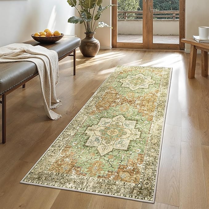 GENIMO 2x5 Runner Rugs for Hallway, Machine Washable Non Slip Vintage Rugs, Low Pile Lightweight Soft Print Rug for enrtyway, Corridor, Home, Office, Kitchen, Muted Green Brown