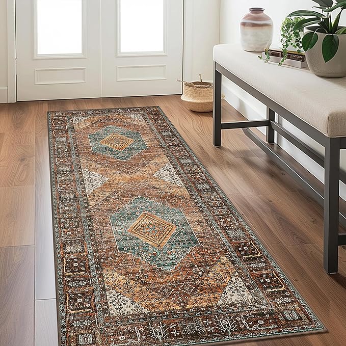 GENIMO 2x10 Runner Rugs for Hallway, Machine Washable Non Slip Vintage Rugs, Low Pile Lightweight Soft Print Rug for enrtyway, Corridor, Home Office, Kitchen, Vintage Brown/Blue