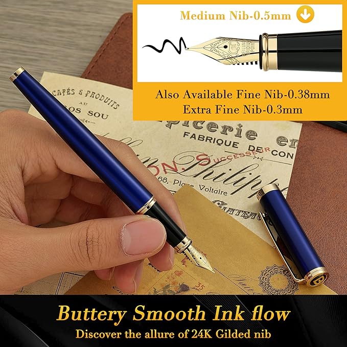 BEILUNER Blue Fountain Pen,Stunning Luxury Pens with 24K Gold Finish, Gorgeous 24K Gilded Nib(Medium), Fancy Pen Gift for Men&Women -Ink Converter-Elegant, Reliable,Nice Pen for Writing