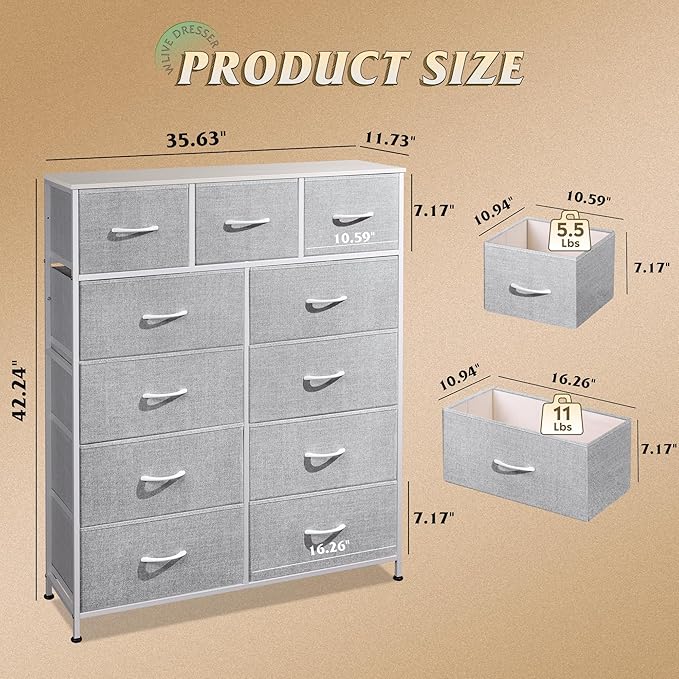 WLIVE Tall Dresser for Bedroom, Fabric Dressers Storage Tower, Dresser & Chest of Drawers Organizer Unit with 11 Drawers, Storage Cabinet, Hallway, Closets, Steel Frame, Wood Top, Light Grey