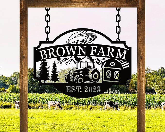 Custom Farmhouse Metal Sign | Personalized Last Name & Established Date Farm Scene Wall Art | Metal Farm Wall Art & Garden Decor | Unique Farmer Gift, Housewarming, or Ranch Decoration