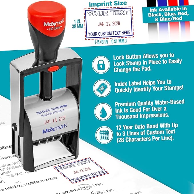 MaxMark Heavy Duty Self Inking Date Stamp with Phrase Shipped - 2 Color Blue/Red Ink