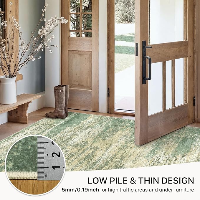 GENIMO 8x10 Area Rugs, Machine Washable Rugs for Living Room Low Pile, Modern Green Rug with Non-Slip Rubber Backing, Soft Pet Friendly Carpet for Bedroom, Dining Room, Office, Desert Dawn
