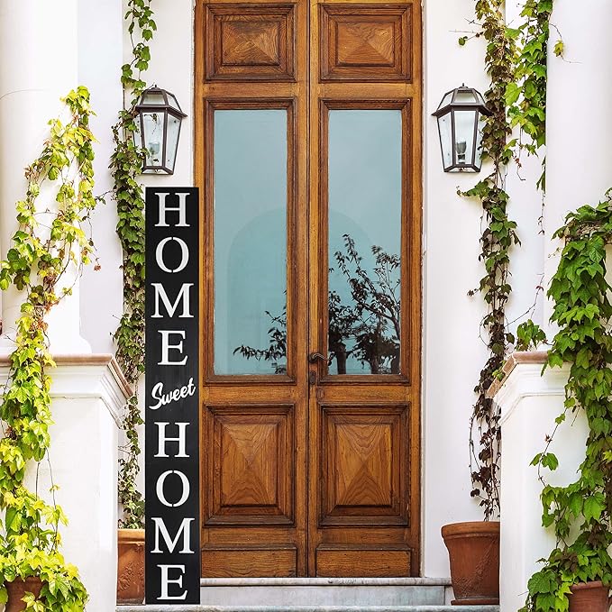 Home Sweet Home Sign for Front Door, Wood Rustic Front Porch Décor, Farmhouse Porch Sign Decorations, Outdoor Signs for Porch, Indoor Outdoor Decorations, Vertical 6ft (Black)