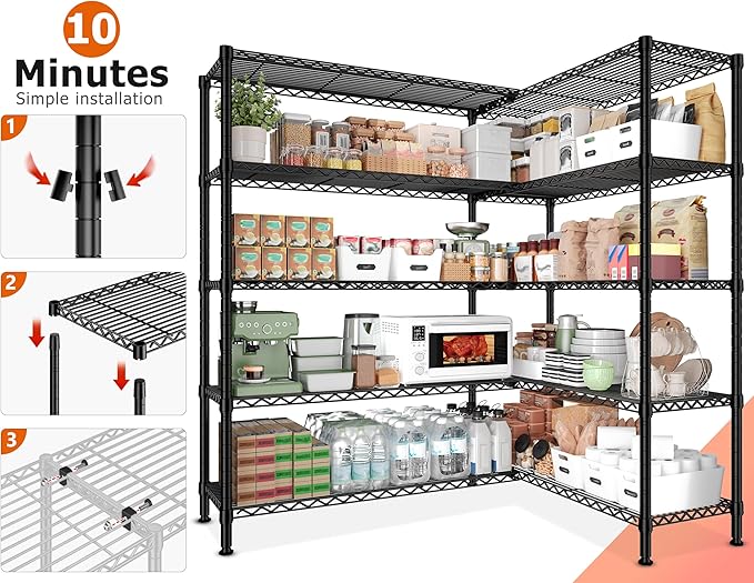 REIBII 1600LBS Storage Shelves 69.8''W Metal Shelving 5 Tier Wire Shelving Unit,Pantry Shelves Kitchen Shelves Adjustable Wire Commercial Shelf for Garage Storage Shelves, 69.8" Wx15.8 Dx72.4 H, Black
