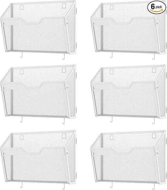 Docnest 6 Pack Hanging Wall File Holders, Mesh Wall Letter File Holder, Wall Mounted Mail Paper Document Folder Holder with Hooks for Office, Home, School, White
