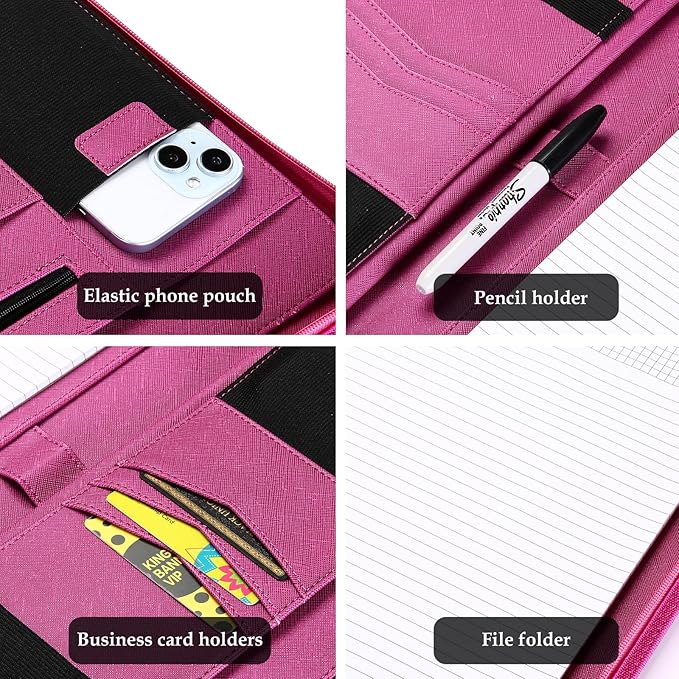 ProCase Portfolio Business Padfolio Folder with Zipper, Conference Meeting Executive File Legal Document Organizer with Pockets Letter Size A4 Writing Pad Notepad Padfolio -Magenta