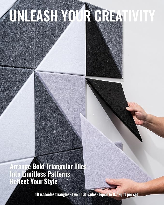 PebblingQ Felt Wall Tiles Bulletin Board, Modular Decorative Panels for Home Office, Kids Room, Classroom, DIY Geometric Design, Creative Photo Display Board, 18 Pack 11.8" Triangle Tiles(Ether)