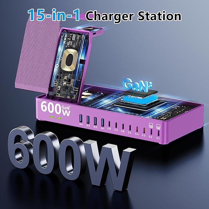 600w Charging Station for Multiple Devices, 15 in 1 Wireless Charger with 2pack 100w USB C Charger Cable, Dual 100w USB C Tablet Charging Station for MacBook,iPhone,iPad,Tablet(Purple)