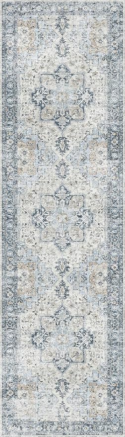 GENIMO Runner Rug 2x8, Non Slip Vintage Hallway Runner Rugs, Low Pile Lightweight Machine Washable Mat for Hallway, Entryway, Bedroom, Kitchen and Corridor, Blue