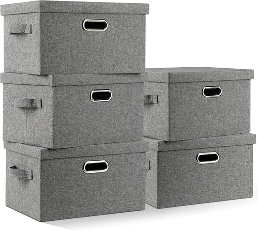 Graciadeco Medium 15" 21 Quart Collapsible Stackable Storage Bins with Lids, 5 Packs Grey Foldable Fabric Closet Boxes Heavy-duty Linen Cube Baskets Container for Bedroom Office (15 x 11 x 8)
