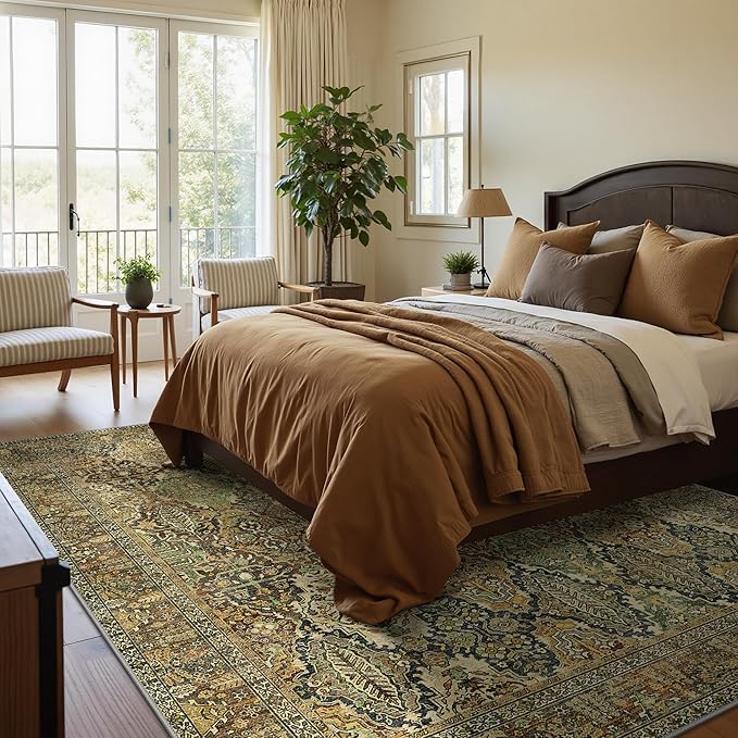 GENIMO 6x9 Area Rugs for Living Room, Machine Washable Low Pile Rugs, Chenille Non Alip Vintage Rug for Bedroom, Dining Room, Home Office, Bronze Olive