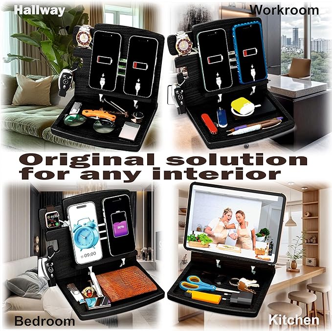 MED Wood Phone Docking Station – Nightstand Desk Organizer for Phone, Watch, Wallet & Tablet – Gift for Men, Husband, Dad & Women – Wooden Charging Stand with Key Holder (Black, Model 1)