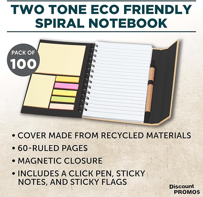 DISCOUNT PROMOS Custom Eco-Friendly Spiral Notebooks with Pens – Set of 100, Perfect for Mother’s Day Gift – Bulk Pack for School, Office, or Home – Black